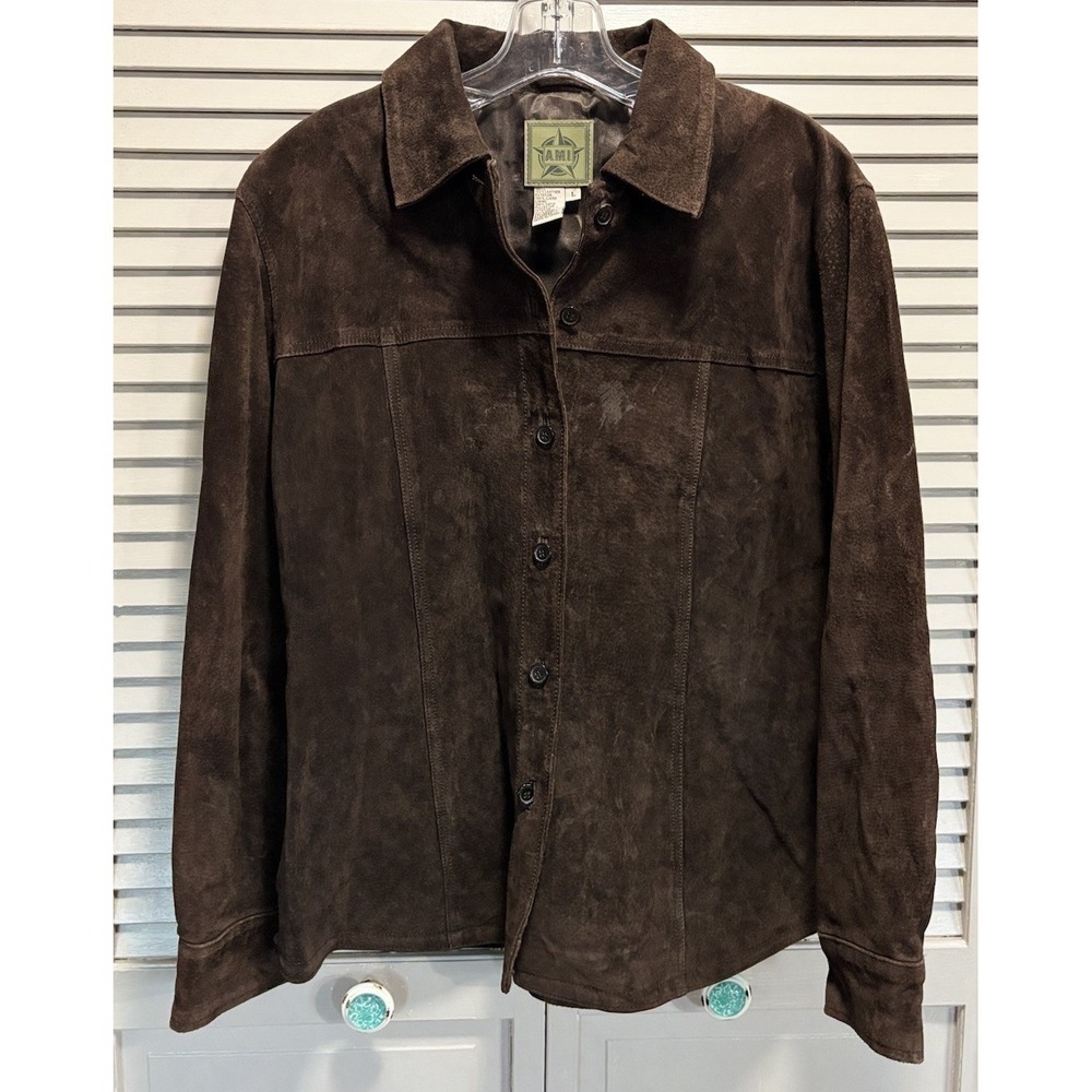 Vintage AMI Brown Long Sleeve Suede Button Up Jacket Size Large Satin Lined